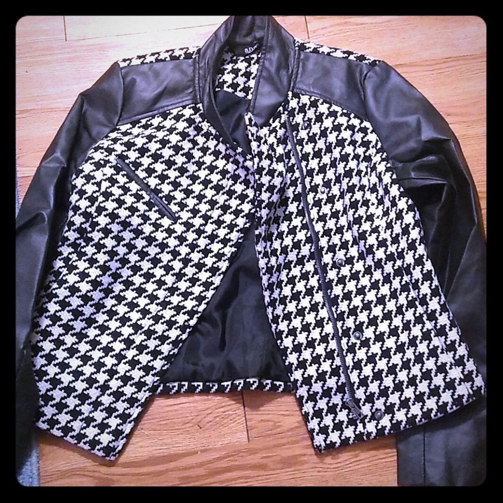 Houndstooth print black leather jacket